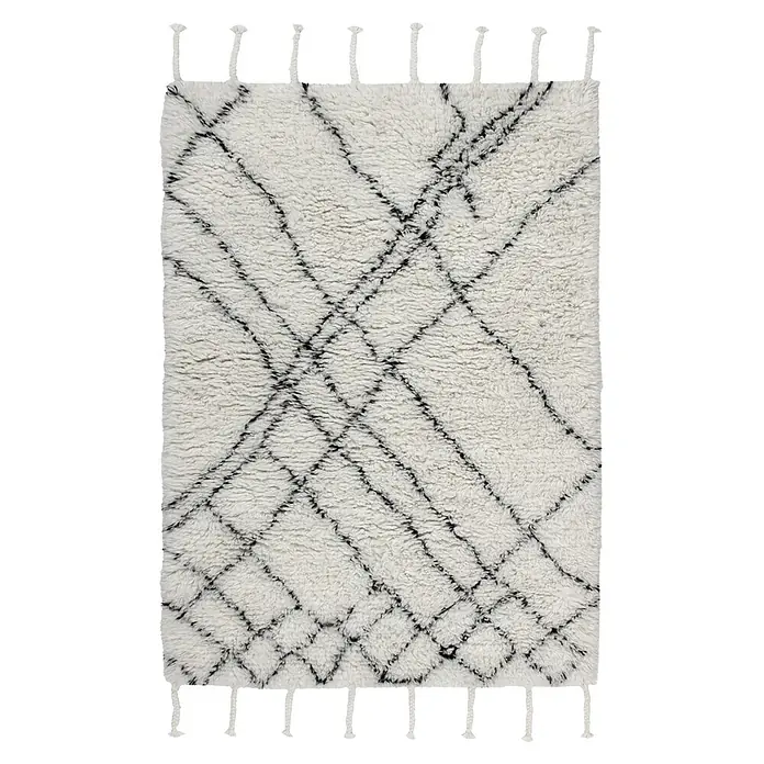 Kayoom Wollteppich Casablanca 130 - Natur/Elfenbein, 290 x 200 cm, 100 % Wolle - Weißer Langflor-Teppich mit unregelmäßigem schwarzem Rautenmuster und Quasten für moderne Einrichtungen.