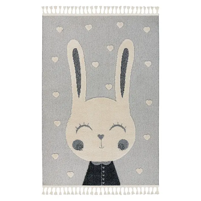 Kayoom Kinderteppich Modena 420 - Grau, 170 x 120 cm, 100 % Polypropylen - Getafteter Kinderteppich in Hellgrau mit cremefarbenen Herzen, einem großen cremefarbenen Hasengesicht mit dunkelgrauen Details und weißen Quasten.