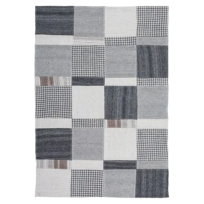 Kayoom Wollteppich Liana 210 - Natur, 230 x 160 cm, 90 % Wolle, 10 % Baumwolle - Grau-weißer Patchwork-Teppich mit unifarbenen und Hahnentrittmuster-Quadraten.