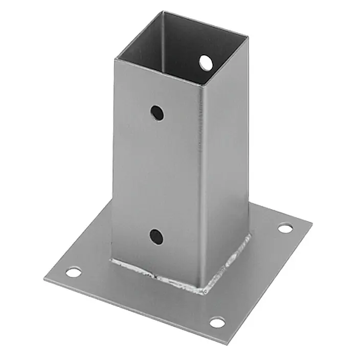Alberts Aufschraubhülse - L x B: 71 x 71 mm, Verzinkt - Ein silberner Metallpfostenträger mit quadratischer Basis und hohlem, rechteckigem Pfosten. Ideal für stabile Pfostenbefestigungen.