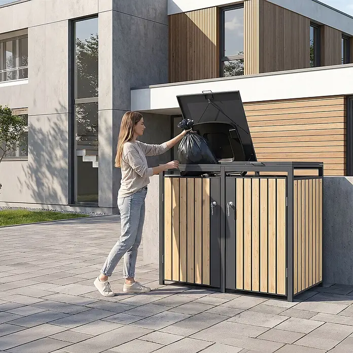 ML-Design Mülltonnenbox Mülltonnenbox 4er 240L 264x80x120cm Holzoptik aus Stahl - Stahl, Anthrazit, Hellbraun, Geeignet für Anzahl Mülltonnen: 2 Stk.