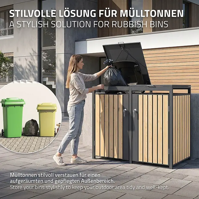 ML-Design Mülltonnenbox Mülltonnenbox 4er 240L 264x80x120cm Holzoptik aus Stahl - Stahl, Anthrazit, Hellbraun, Geeignet für Anzahl Mülltonnen: 2 Stk.