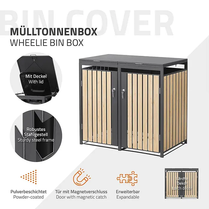 ML-Design Mülltonnenbox 2er 240L mit Klappdeckel 132x80x120 cm Anthrazit-Holzoptik - Stahl, Anthrazit, Hellbraun, Geeignet für Anzahl Mülltonnen: 2 Stk.