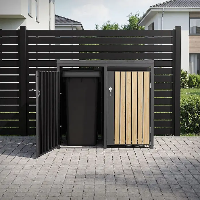 ML-Design Mülltonnenbox 2er 240L mit Klappdeckel 132x80x120 cm Anthrazit-Holzoptik - Stahl, Anthrazit, Hellbraun, Geeignet für Anzahl Mülltonnen: 2 Stk.