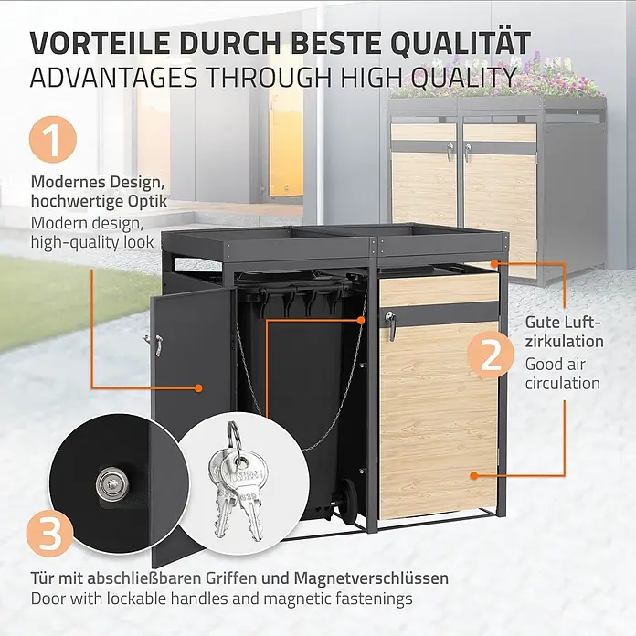 ML-Design Mülltonnenbox Mülltonnenbox 3er 240L 200x80x124cm Holzoptik Pflanzdach - Stahl, Anthrazit, Hellbraun, Geeignet für Anzahl Mülltonnen: 3 Stk.