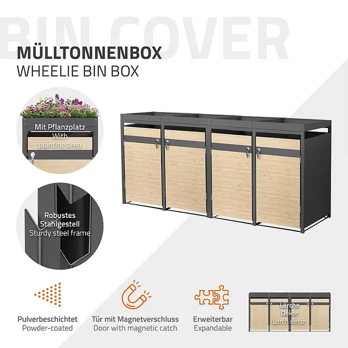 ML-Design Mülltonnenbox Mülltonnenbox 4er 240L 264x80x124cm Holzoptik Pflanzdach - Stahl, Anthrazit, Hellbraun, Geeignet für Anzahl Mülltonnen: 4 Stk.