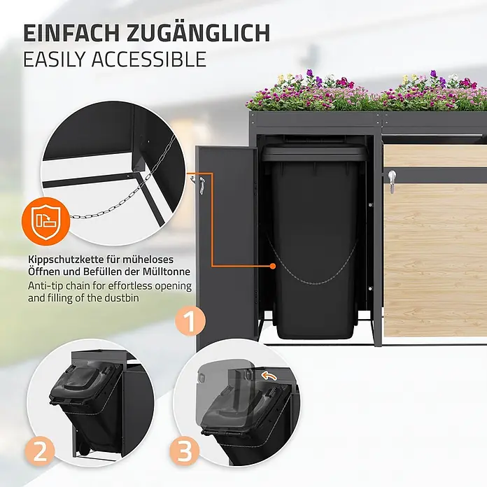 ML-Design Mülltonnenbox Mülltonnenbox 3er 240L 200x80x124cm Holzoptik Pflanzdach - Stahl, Anthrazit, Hellbraun, Geeignet für Anzahl Mülltonnen: 3 Stk.