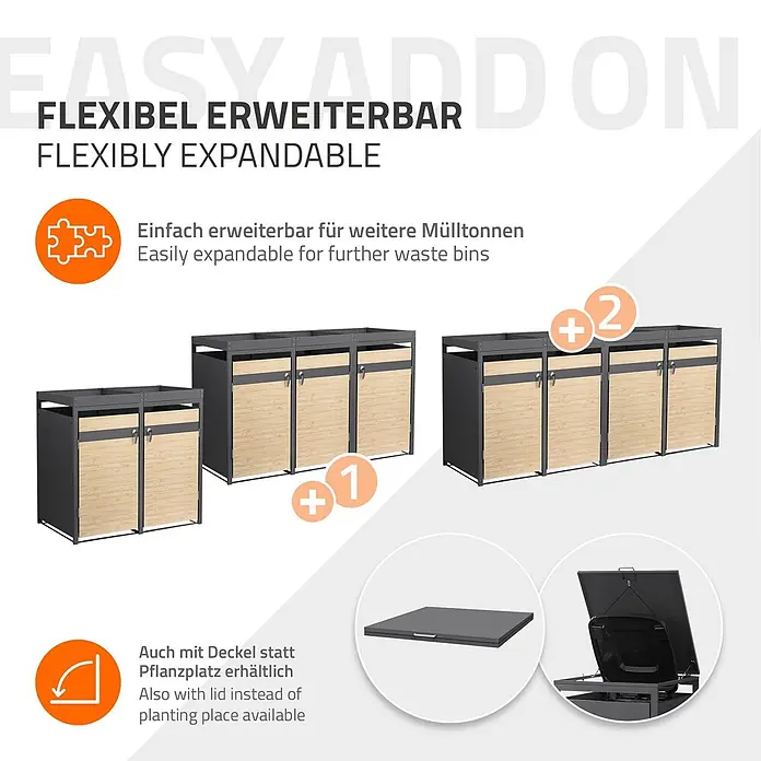 ML-Design Mülltonnenbox 2er 240L mit Pflanzdach 132x80x124 cm Anthrazit-Holzoptik - Stahl, Anthrazit, Hellbraun, Geeignet für Anzahl Mülltonnen: 2 Stk.