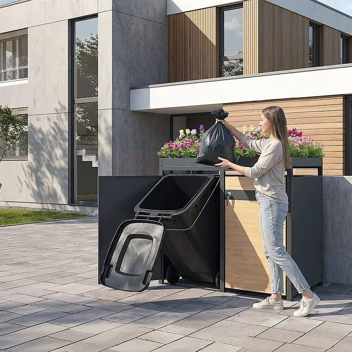 ML-Design Mülltonnenbox Mülltonnenbox 4er 240L 264x80x124cm Holzoptik Pflanzdach - Stahl, Anthrazit, Hellbraun, Geeignet für Anzahl Mülltonnen: 4 Stk.