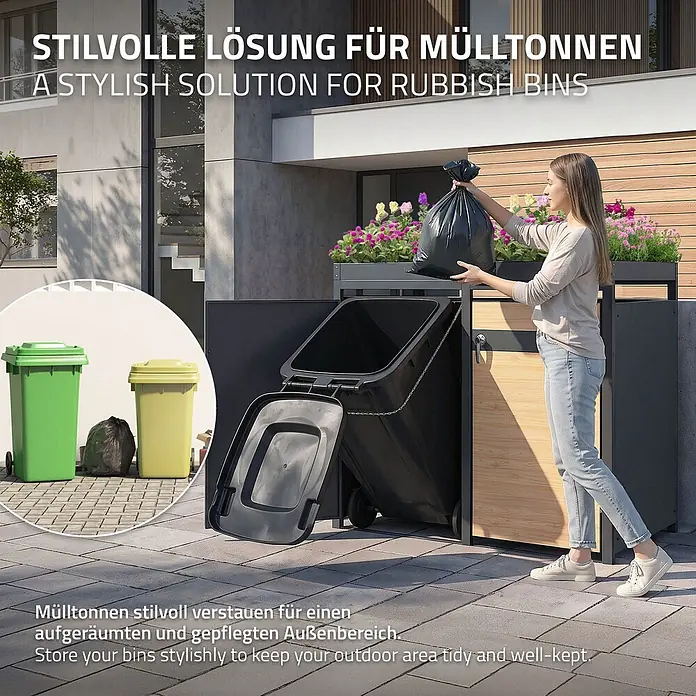 ML-Design Mülltonnenbox 2er 240L mit Pflanzdach 132x80x124 cm Anthrazit-Holzoptik - Stahl, Anthrazit, Hellbraun, Geeignet für Anzahl Mülltonnen: 2 Stk.