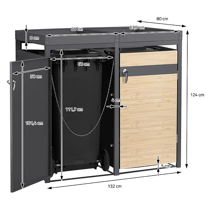 ML-Design Mülltonnenbox Mülltonnenbox 3er 240L 200x80x124cm Holzoptik Pflanzdach - Stahl, Anthrazit, Hellbraun, Geeignet für Anzahl Mülltonnen: 3 Stk.