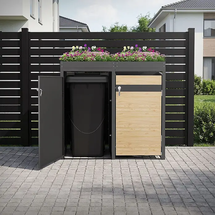 ML-Design Mülltonnenbox 2er 240L mit Pflanzdach 132x80x124 cm Anthrazit-Holzoptik - Stahl, Anthrazit, Hellbraun, Geeignet für Anzahl Mülltonnen: 2 Stk.