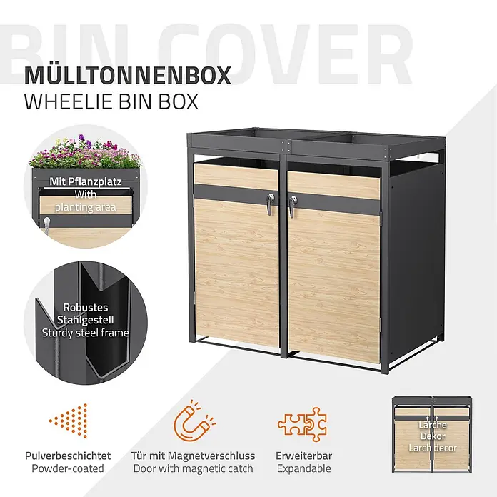 ML-Design Mülltonnenbox 2er 240L mit Pflanzdach 132x80x124 cm Anthrazit-Holzoptik - Stahl, Anthrazit, Hellbraun, Geeignet für Anzahl Mülltonnen: 2 Stk.