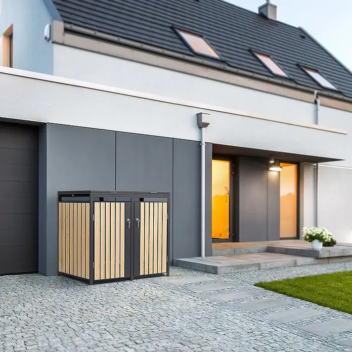 ML-Design Mülltonnenbox Mülltonnenbox 4er 240L 264x80x120cm Holzoptik aus Stahl - Stahl, Anthrazit, Hellbraun, Geeignet für Anzahl Mülltonnen: 2 Stk.