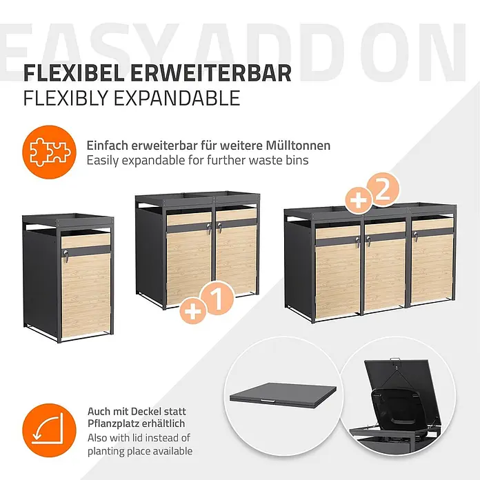 ML-Design Mülltonnenbox 1er 240L mit Pflanzdach 68x80x124 cm Anthrazit-Holzoptik - Stahl, Anthrazit, Hellbraun, Geeignet für Anzahl Mülltonnen: 1 Stk.