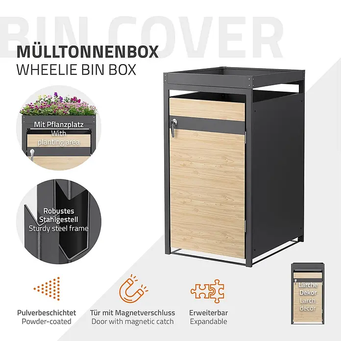 ML-Design Mülltonnenbox 1er 240L mit Pflanzdach 68x80x124 cm Anthrazit-Holzoptik - Stahl, Anthrazit, Hellbraun, Geeignet für Anzahl Mülltonnen: 1 Stk.