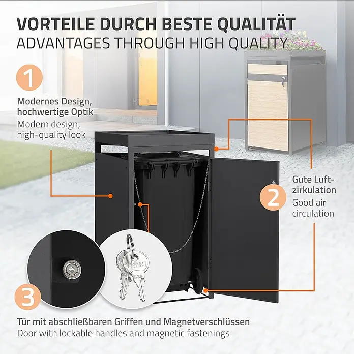 ML-Design Mülltonnenbox 1er 240L mit Pflanzdach 68x80x124 cm Anthrazit-Holzoptik - Stahl, Anthrazit, Hellbraun, Geeignet für Anzahl Mülltonnen: 1 Stk.