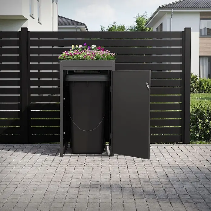 ML-Design Mülltonnenbox 1er 240L mit Pflanzdach 68x80x124 cm Anthrazit-Holzoptik - Stahl, Anthrazit, Hellbraun, Geeignet für Anzahl Mülltonnen: 1 Stk.