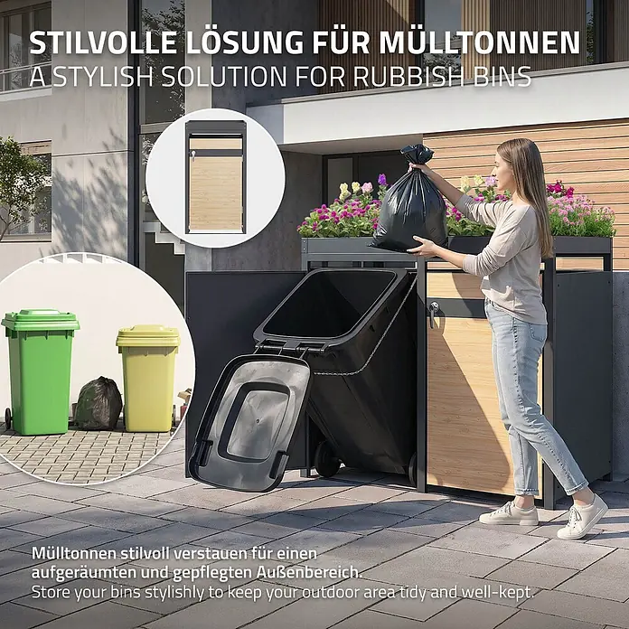 ML-Design Mülltonnenbox Mülltonnenbox 3er 240L 200x80x124cm Holzoptik Pflanzdach - Stahl, Anthrazit, Hellbraun, Geeignet für Anzahl Mülltonnen: 3 Stk.