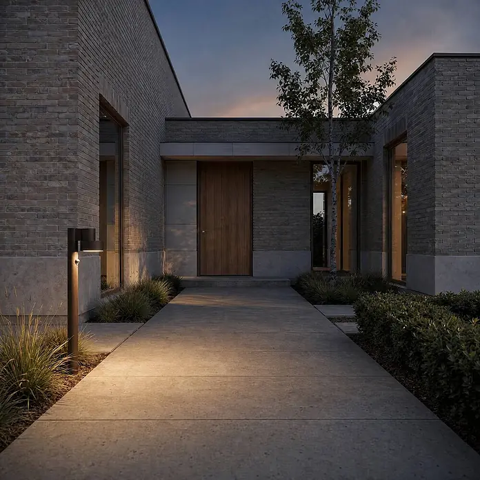 Lucande LED Wegeleuchte in schwarz matt, mit Bewegungsmelder, Gartenlampe -  - Dunkle Metall-Pollerleuchte beleuchtet einen modernen Betonweg zu einem Hauseingang bei Dämmerung mit warmem Licht.