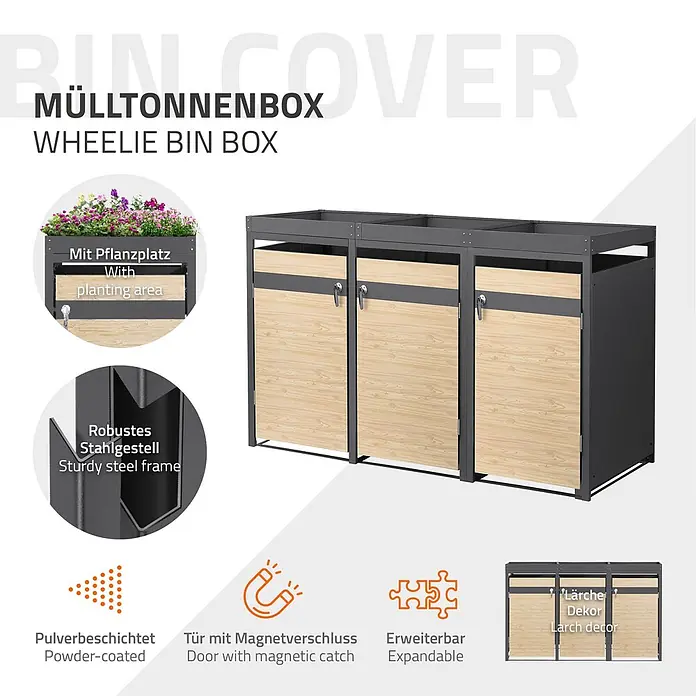 ML-Design Mülltonnenbox Mülltonnenbox 3er 240L 200x80x124cm Holzoptik Pflanzdach - Stahl, Anthrazit, Hellbraun, Geeignet für Anzahl Mülltonnen: 3 Stk.