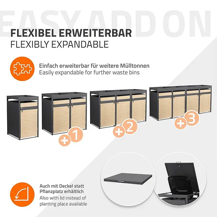 ML-Design Mülltonnenbox Mülltonnenbox 3er 240L 200x80x124cm Holzoptik Pflanzdach - Stahl, Anthrazit, Hellbraun, Geeignet für Anzahl Mülltonnen: 3 Stk.