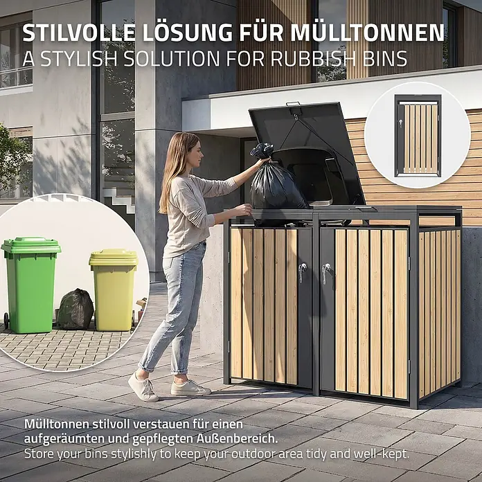 ML-Design Mülltonnenbox Mülltonnenbox 3er 240L 200x80x120cm Holzoptik wetterfest - Stahl, Anthrazit, Hellbraun, Geeignet für Anzahl Mülltonnen: 2 Stk.