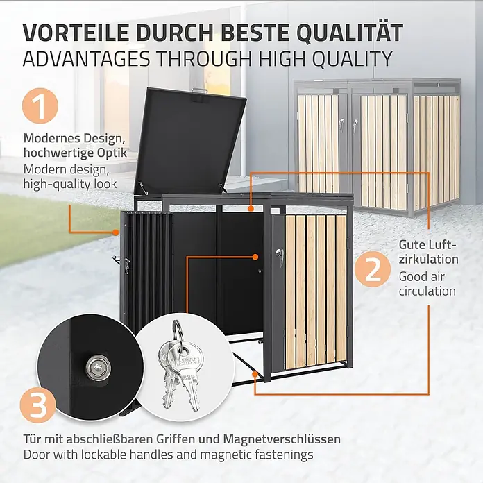 ML-Design Mülltonnenbox Mülltonnenbox 3er 240L 200x80x120cm Holzoptik wetterfest - Stahl, Anthrazit, Hellbraun, Geeignet für Anzahl Mülltonnen: 2 Stk.