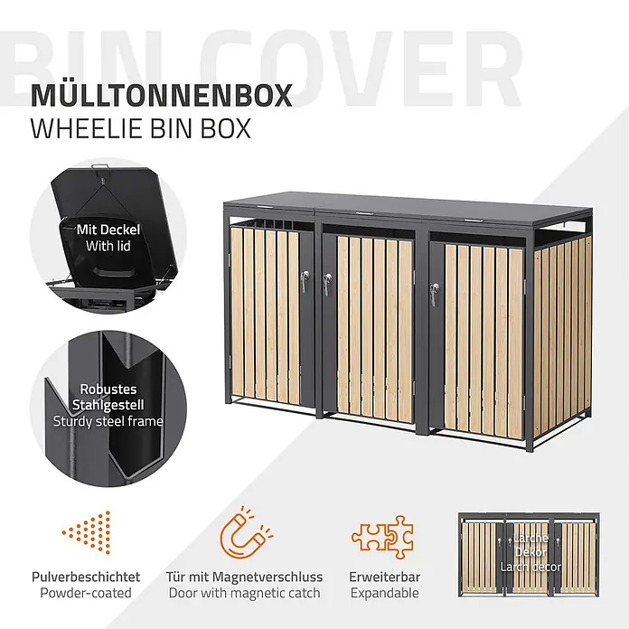 ML-Design Mülltonnenbox Mülltonnenbox 3er 240L 200x80x120cm Holzoptik wetterfest - Stahl, Anthrazit, Hellbraun, Geeignet für Anzahl Mülltonnen: 2 Stk.