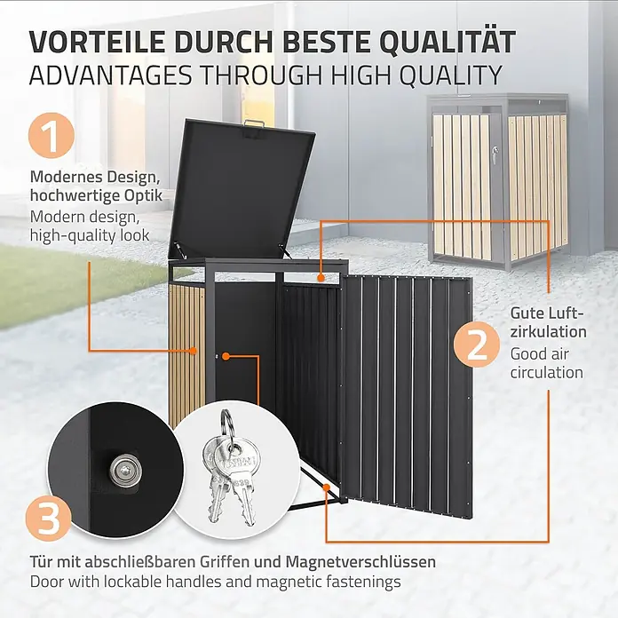 ML-Design Mülltonnenbox 1er 240L mit Klappdeckel 68x80x120 cm Anthrazit-Holzoptik - Stahl, Anthrazit, Hellbraun, Geeignet für Anzahl Mülltonnen: 1 Stk.