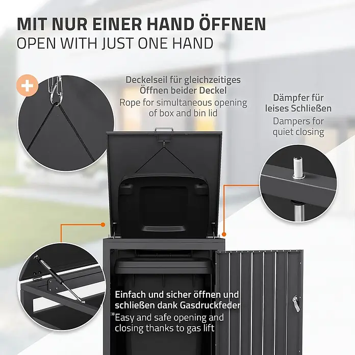 ML-Design Mülltonnenbox 1er 240L mit Klappdeckel 68x80x120 cm Anthrazit-Holzoptik - Stahl, Anthrazit, Hellbraun, Geeignet für Anzahl Mülltonnen: 1 Stk.