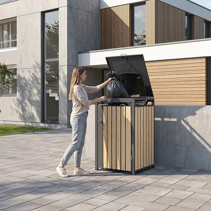 ML-Design Mülltonnenbox 1er 240L mit Klappdeckel 68x80x120 cm Anthrazit-Holzoptik - Stahl, Anthrazit, Hellbraun, Geeignet für Anzahl Mülltonnen: 1 Stk.