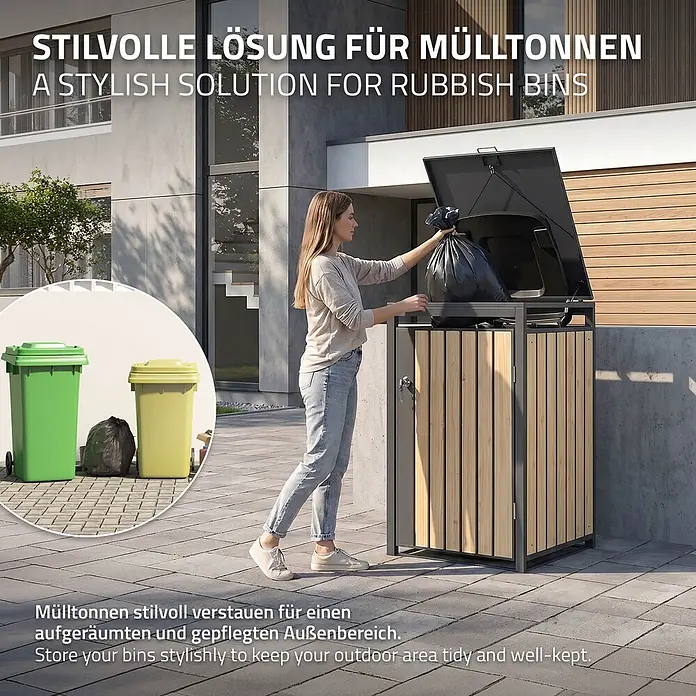 ML-Design Mülltonnenbox 1er 240L mit Klappdeckel 68x80x120 cm Anthrazit-Holzoptik - Stahl, Anthrazit, Hellbraun, Geeignet für Anzahl Mülltonnen: 1 Stk.