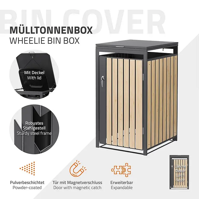 ML-Design Mülltonnenbox 1er 240L mit Klappdeckel 68x80x120 cm Anthrazit-Holzoptik - Stahl, Anthrazit, Hellbraun, Geeignet für Anzahl Mülltonnen: 1 Stk.
