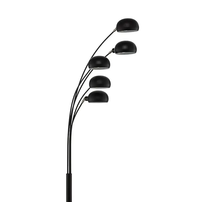 Lindby Stehleuchte Jewa - schwarz, schwarz, E14 - Schwarze Stehlampe mit fünf Lichtquellen, gewölbten Armen und kuppelförmigen Schirmen.