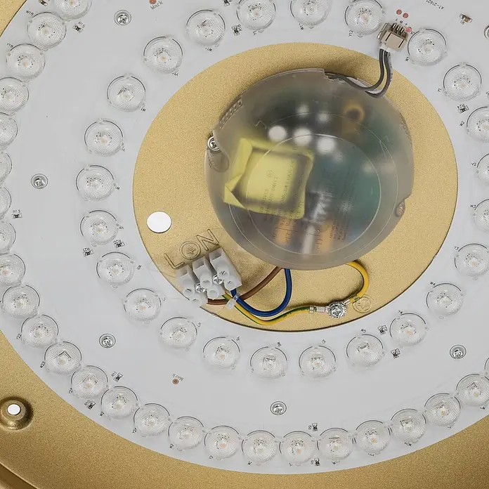 Lindby Deckenleuchte Gracjan - schwarz - LED-Lichtpaneel mit runden weißen LEDs auf goldener Basis, verbunden mit einem transparenten Treiber.