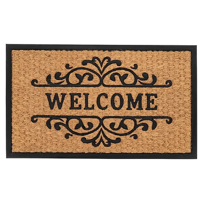 Fußmatte Entry 225 - 60 x 40 cm, Hellbraun, Material Nutzschicht: 100 % Kokos - Braune Kokosfasermatte mit schwarzem „WELCOME“-Schriftzug, ornamentalem Dekor und schwarzem Rahmen.