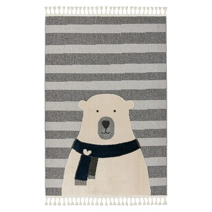 Kayoom Kinderteppich Modena 423 - Grau, 170 x 120 cm, 100 % Polypropylen - Rechteckiger Teppich mit einem weißen Eisbären, der einen dunkelblauen Schal trägt, auf grau-weiß gestreiftem Hintergrund.