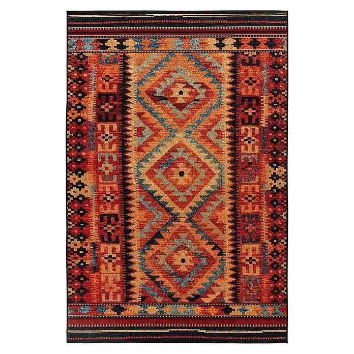 Kayoom Outdoor-Teppich Goliath 651 - Multi, 290 x 200 cm, 76 % Polypropylen, 24 % Polyester - Rechteckiger Teppich mit leuchtend roten, orangefarbenen, blauen, schwarzen und goldenen Stammesmustern.
