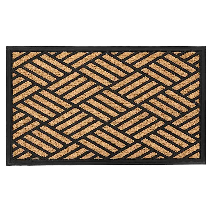 Fußmatte Entry 425 - 75 x 45 cm, Hellbraun, Material Nutzschicht: 100 % Kokos - Braune Kokos-Fußmatte mit schwarzem Gummirand und geometrischem Fischgrätmuster.
