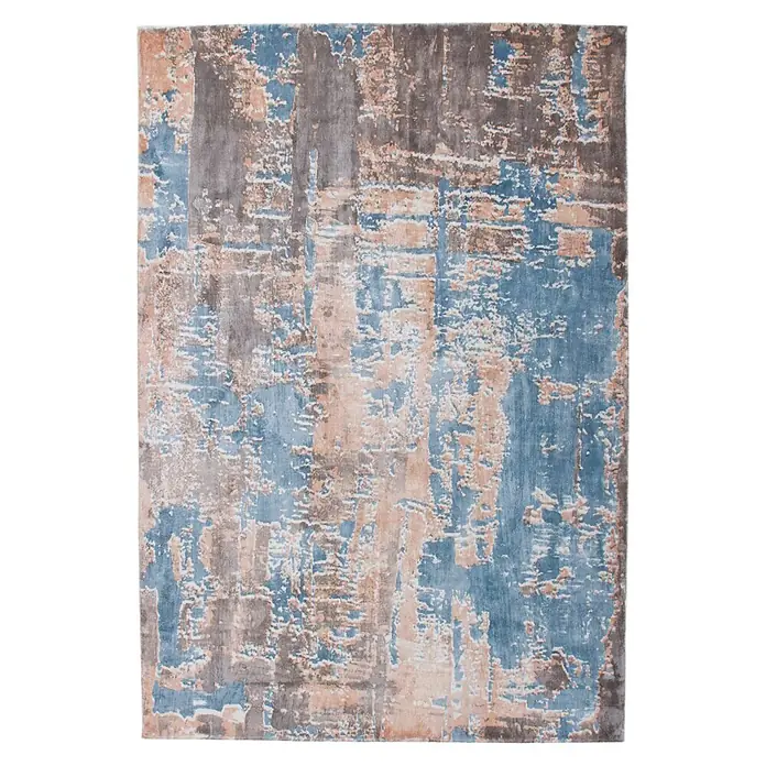 Kayoom Kurzflorteppich Ocean 300 - Multi/Blau, 140 x 70 cm, 100 % Viskose - Ein abstrakter Teppich mit einem Used-Look-Muster in Blau-, Pfirsich- und Grautönen.