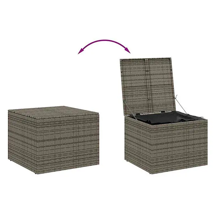 Furnicato Garten-Aufbewahrungsbox - Grau, Kunststoff - Graue Rattan-Optik Aufbewahrungsbox, geschlossen und offen mit schwarzem Innenfutter für den Außenbereich.