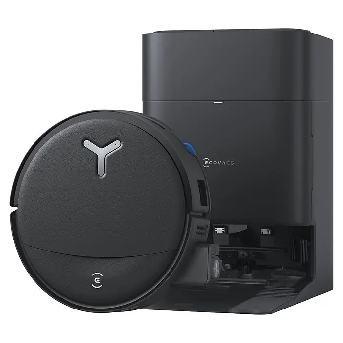 Ecovacs Saugwischroboter Deebot T80S Omni - Saugkraft: 24,8 Pa, Akkulaufzeit: 185 min, Fassungsvermögen Roboter: 220 ml - Dunkelgrauer Saugroboter mit texturierter Oberfläche neben passender dunkelgrauer Selbstreinigungsstation.