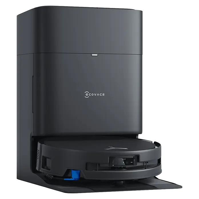 Ecovacs Saugwischroboter Deebot T80S Omni - Saugkraft: 24,8 Pa, Akkulaufzeit: 185 min, Fassungsvermögen Roboter: 220 ml - Dunkelgrauer Saugroboter in seiner Ladestation mit Entleerungsturm.