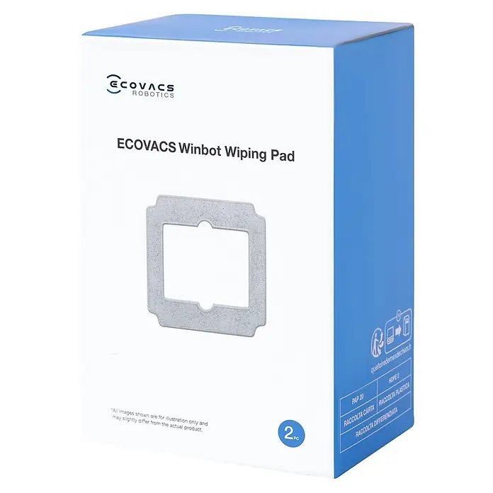 Ecovacs Mikrofaser-Reinigungspad WINBOT Mini - Ecovacs Fensterreinigungsroboter Winbot Mini - Weiße Box für ECOVACS Winbot Wiping Pad mit blauen Akzenten. Die Box zeigt ein graues, texturiertes Wischtuch, 2 Stück enthalten.