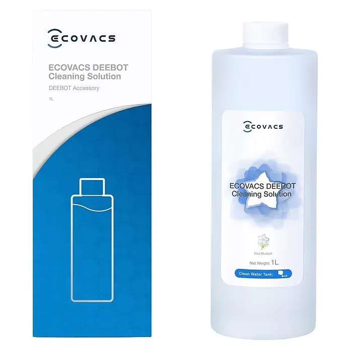 Ecovacs Allzweckreiniger Deebot - 1.000 ml - Zwei Ecovacs Deebot 1L Reinigungslösungen, eine in einer durchscheinenden weißen Flasche mit Glockenblumen-Duft, die andere als Verpackungsdesign mit Flaschenumriss.