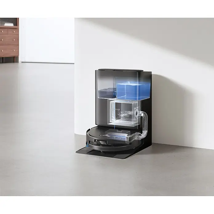 Ecovacs Saugwischroboter Deebot T80S Omni - Saugkraft: 24,8 Pa, Akkulaufzeit: 185 min, Fassungsvermögen Roboter: 220 ml - Ein schwarzer Saugroboter und seine Station mit transparenten Ausschnitten, die interne Wassertanks und Reinigungsflüssigkeitszirkulation zeigen.