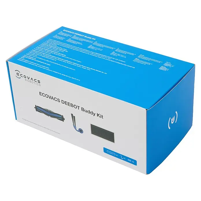 Ecovacs Reinigungsroboter-Ersatzbürsten Servicekit T80S Omni - Material: Kunststoff, Gesamtstückzahl: 6 -tlg. - Blau-weiße ECOVACS DEEBOT Buddy Kit Box mit einer Hauptbürste, zwei Seitenbürsten und drei Filtern.