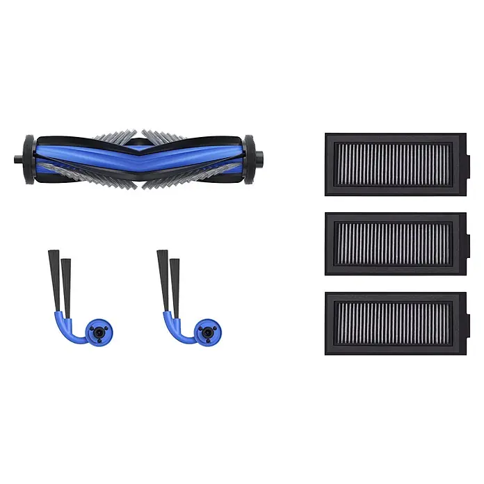 Ecovacs Reinigungsroboter-Ersatzbürsten Servicekit T80S Omni - Material: Kunststoff, Gesamtstückzahl: 6 -tlg. - Blau-schwarzes Staubsaugerzubehör: Walzenbürste, zwei Seitenbürsten und drei Filter.