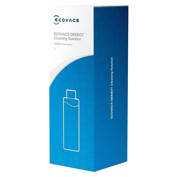 Ecovacs Allzweckreiniger Deebot - 1.000 ml - Blaue und weiße Schachtel ECOVACS DEEBOT 1L Reinigungslösung mit Flaschenillustration.